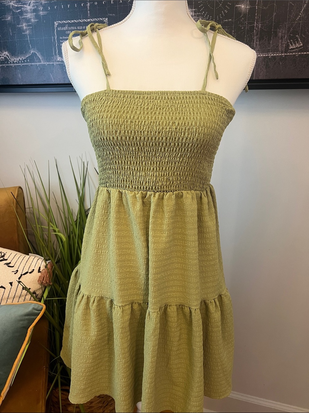 Olive Green Tie-Shoulder Smocked Sundress